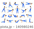 Woman fitness exercise set with resistance band for home workout, stretching, yoga and strength training. Flat vector collection isolated on white background for healthy lifestyle 140980246