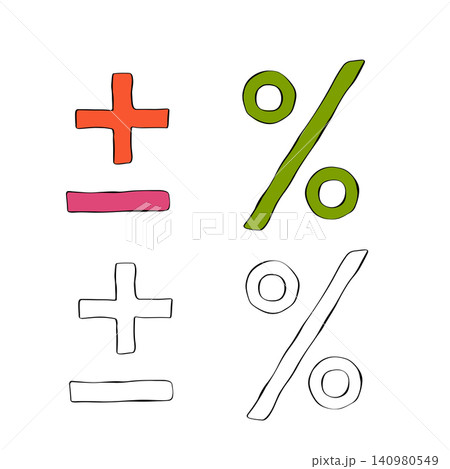 percentage plus minus symbol school icon colored hand drawn illustration. Vector graphic line ink art. Sample poster, invitation, holiday banner, postcard package, holiday design, fabric and textile. 140980549