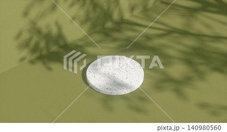 3D product podium with terrazzo stone and natural leaf shadow on olive green background. 140980560