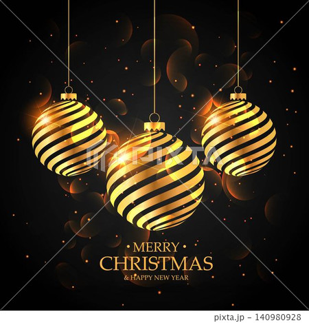 golden christmas balls on black background. merry christmas greeting golden christmas balls on black background. merry christmas greeting 140980928