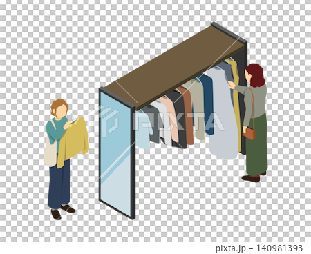 Isometric illustration: Two women choosing clothes in a clothing store. 140981393