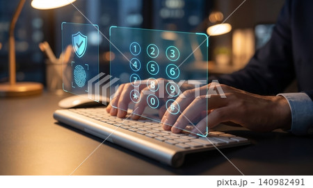 Professional businessman typing on a keyboard while accessing digital security interface with fingerprint scanner and numerical keypad in a dark office Professional businessman typing on a keyboard while accessing digital security interface with fingerprint scanner and numerical keypad in a dark office 140982491