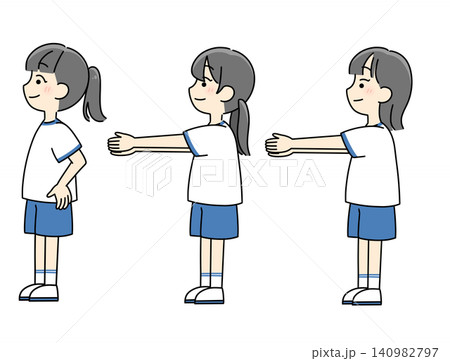 3人グループで仲良く前ならえをする小学生の女の子達 3人グループで仲良く前ならえをする小学生の女の子達 140982797