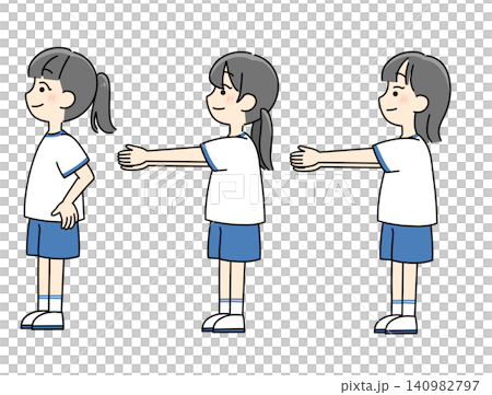 3人グループで仲良く前ならえをする小学生の女の子達 3人グループで仲良く前ならえをする小学生の女の子達 140982797