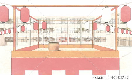 日本の盆踊り大会をイメージした小学校の夏祭り会場 3DCGイラスト 日本の盆踊り大会をイメージした小学校の夏祭り会場 3DCGイラスト 140983237