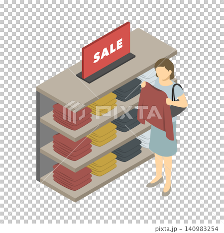 Isometric illustration: A woman choosing sale clothes at a clothing store. Isometric illustration: A woman choosing sale clothes at a clothing store. 140983254