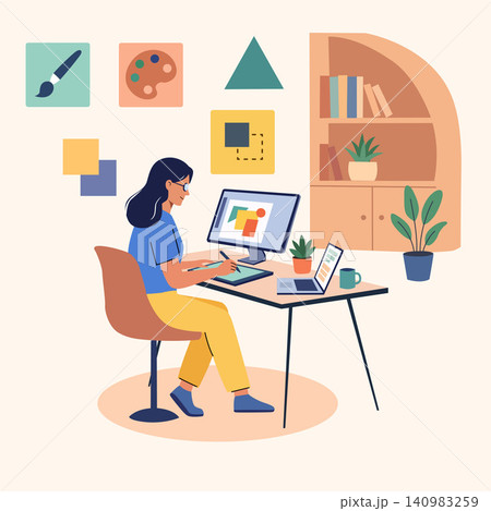 Flat design female graphic designer working at computer in a bright modern home office workspace Flat design female graphic designer working at computer in a bright modern home office workspace 140983259