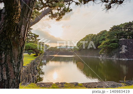 太陽を背景に映える皇居と松と池 太陽を背景に映える皇居と松と池 140983419