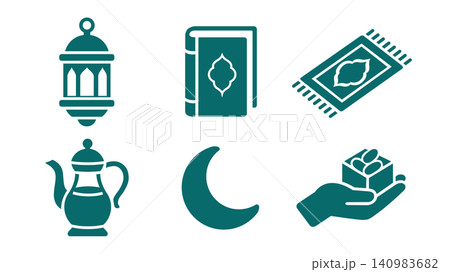 Ramadan and Eid Islamic icons set featuring crescent moon, lantern, Quran, prayer rug, dates and tea Pot 140983682