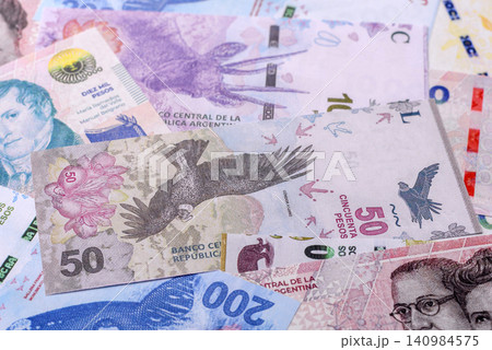 Argentina paper money, peso in various denominations. Argentine money 140984575