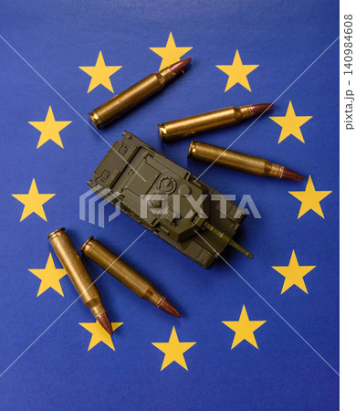 A tank on the European Union flag as a conceptual backdrop representing Europe's defense 140984608