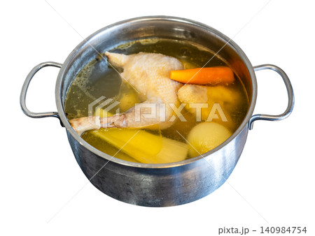 pot with boiled chicken and vegetables isolated pot with boiled chicken and vegetables isolated 140984754