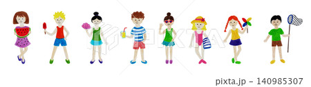 手描き風の夏を楽しむ子どもたちのイラストセット 手描き風の夏を楽しむ子どもたちのイラストセット 140985307