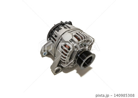 Brand new car alternator on a white background. Perfect for automotive repair, spare parts catalogs, mechanics, and car maintenance concepts. Brand new car alternator on a white background. Perfect for automotive repair, spare parts catalogs, mechanics, and car maintenance concepts. 140985308