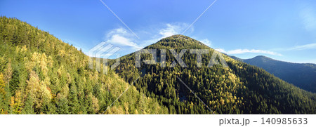 Aerial view of hillside with dark spruce forest trees at fall bright day. Beautiful scenery of wild mountain woodland Aerial view of hillside with dark spruce forest trees at fall bright day. Beautiful scenery of wild mountain woodland 140985633