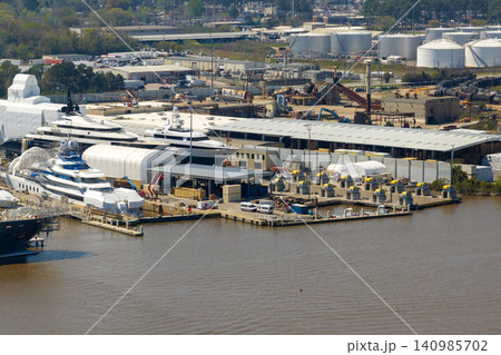 Construction of luxury yachts in shipyard in Savannah, Georgia. Assembly of sea ships Construction of luxury yachts in shipyard in Savannah, Georgia. Assembly of sea ships 140985702