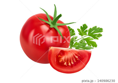 Tomato slice isolated on white background with full depth of field. Tomato slice isolated on white background with full depth of field. 140986230