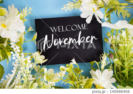 Welcome November text written on paper card with flowers decoration on blue background Welcome November text written on paper card with flowers decoration on blue background 140986408