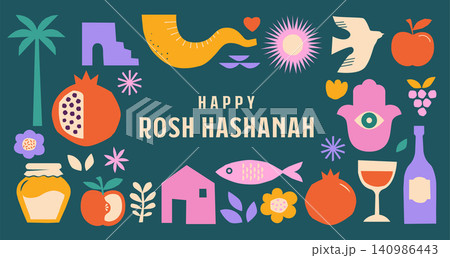 Colorful Happy Rosh Hashana banner in folk art style. Flat vector illustration with Jewish holiday Colorful Happy Rosh Hashana banner in folk art style. Flat vector illustration with Jewish holiday 140986443
