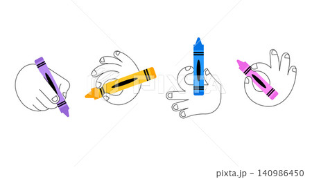 Hands with colorful crayons doodles collection for back to school, preschool education and 140986450