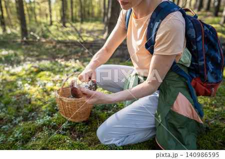 Woman picks mushroom in forest, cleaning, scrapes dirt off porcini with knife. Foraging wild food. 140986595