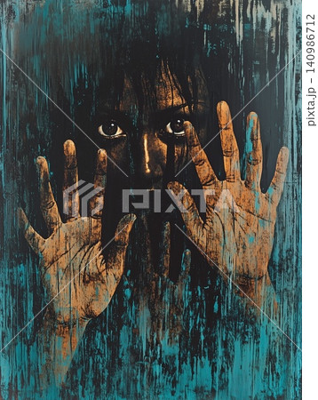Person with haunted expression and hands pressed against dirty glass Person with haunted expression and hands pressed against dirty glass 140986712