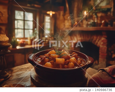Hearty stew served in rustic kitchen with warm lighting and inviting atmosphere Hearty stew served in rustic kitchen with warm lighting and inviting atmosphere 140986736