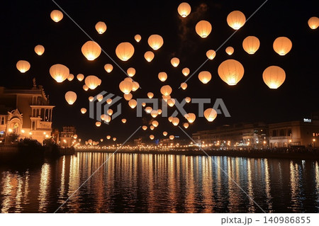 Lanterns illuminate the night sky over a calm lake, at sunset during the Chinese Lantern Festival 140986855