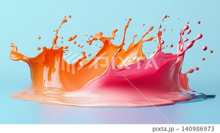 Red and orange paint splashes create an artistic display against a blue background 140986973