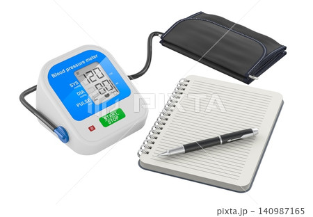 Blood pressure monitor with cuff, notebook and pen, home health tracking, hypertension monitoring and patient record concept, 3d rendering 140987165