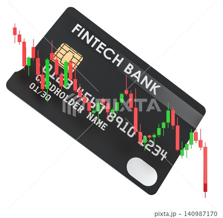 Fintech bank card with falling candlestick chart. 3D rendering Fintech bank card with falling candlestick chart. 3D rendering 140987170