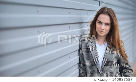 Portrait of a confident businesswoman posing against a modern gray metal wall, showcasing a blend of urban style and professional presence Portrait of a confident businesswoman posing against a modern gray metal wall, showcasing a blend of urban style and professional presence 140987587