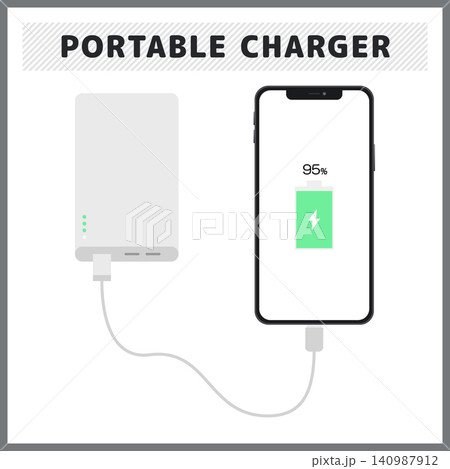 モバイルバッテリーからスマホを充電してバッテリー残量が95%になったポップなベクター背景イラスト モバイルバッテリーからスマホを充電してバッテリー残量が95%になったポップなベクター背景イラスト 140987912
