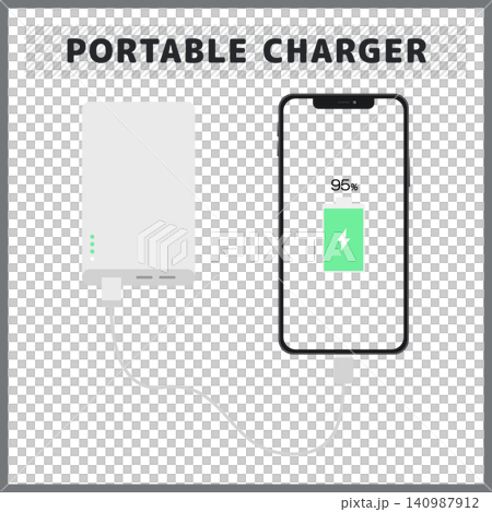 A pop-style vector background illustration showing a smartphone being charged from a mobile battery and reaching 95% battery level. A pop-style vector background illustration showing a smartphone being charged from a mobile battery and reaching 95% battery level. 140987912