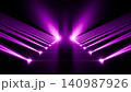 Symmetrical magenta stage lights converging toward central vanishing point above reflective stepped pathway with deep black background and dramatic high contrast atmosphere 140987926