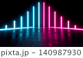 Neon corner installation with ascending cyan and magenta light bars reflecting across glossy wet floor in dark interior, creating symmetrical modern glow and vibrant contrast 140987930