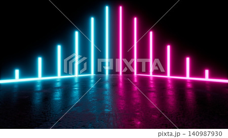 Neon corner installation with ascending cyan and magenta light bars reflecting across glossy wet floor in dark interior, creating symmetrical modern glow and vibrant contrast Neon corner installation with ascending cyan and magenta light bars reflecting across glossy wet floor in dark interior, creating symmetrical modern glow and vibrant contrast 140987930
