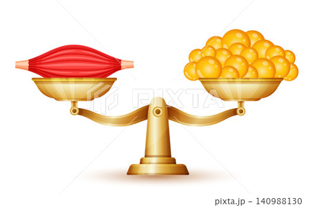 Fat and muscle on weight scale. Adipose fatty tissue lipid cells, skeletal muscular fiber massa compare. Overweight loss, obesity. Human body health. Diet food. Healthy lifestyle, sport fitness vector Fat and muscle on weight scale. Adipose fatty tissue lipid cells, skeletal muscular fiber massa compare. Overweight loss, obesity. Human body health. Diet food. Healthy lifestyle, sport fitness vector 140988130