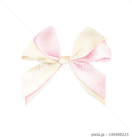 Delicate ribbon bow in soft pastel pink and cream colors watercolor isolated illustration. Hand drawn clipart for wedding invitations, baby shower designs, greeting cards and romantic gift decorations 140988223