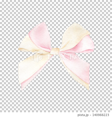 Delicate ribbon bow in soft pastel pink and cream colors watercolor isolated illustration. Hand drawn clipart for wedding invitations, baby shower designs, greeting cards and romantic gift decorations 140988223