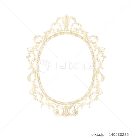 Elegant watercolor baroque oval frame in coquette aesthetic isolated illustration. Hand drawn template with copy space featuring delicate beige ornamentation for romantic invitations and vintage decor 140988226