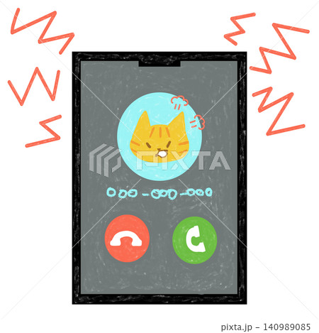 スマートフォンの着信画面と茶トラ猫(怒り顔) スマートフォンの着信画面と茶トラ猫(怒り顔) 140989085
