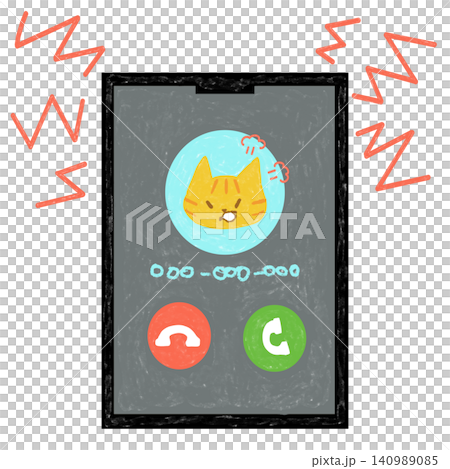 スマートフォンの着信画面と茶トラ猫(怒り顔) スマートフォンの着信画面と茶トラ猫(怒り顔) 140989085