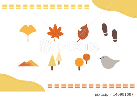 イチョウ、もみじ、山、木、鳥をまとめた秋の紅葉アイコンセットイラスト イチョウ、もみじ、山、木、鳥をまとめた秋の紅葉アイコンセットイラスト 140991097
