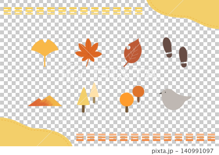 イチョウ、もみじ、山、木、鳥をまとめた秋の紅葉アイコンセットイラスト イチョウ、もみじ、山、木、鳥をまとめた秋の紅葉アイコンセットイラスト 140991097