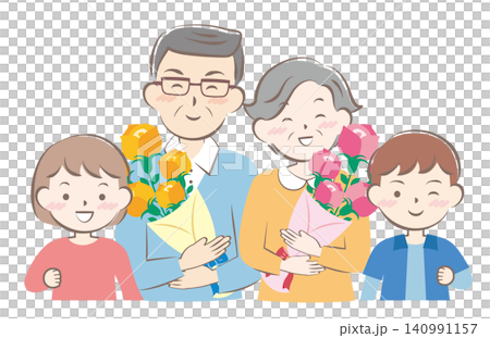 Grandparents and grandchildren receiving a bouquet of flowers on Respect for the Aged Day. Grandparents and grandchildren receiving a bouquet of flowers on Respect for the Aged Day. 140991157
