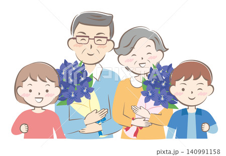 敬老の日に花束をもらったおじいちゃんとおばあちゃんと孫 敬老の日に花束をもらったおじいちゃんとおばあちゃんと孫 140991158