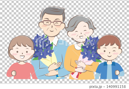 敬老の日に花束をもらったおじいちゃんとおばあちゃんと孫 敬老の日に花束をもらったおじいちゃんとおばあちゃんと孫 140991158