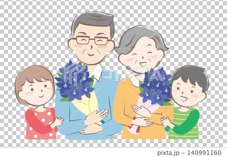 在敬老日,祖父母和孫輩們收到一束鮮花。 在敬老日,祖父母和孫輩們收到一束鮮花。 140991160