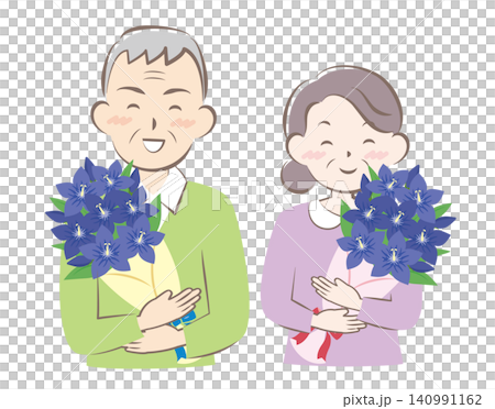 りんどうの花束をもらったおじいちゃんとおばあちゃん 敬老の日 りんどうの花束をもらったおじいちゃんとおばあちゃん 敬老の日 140991162